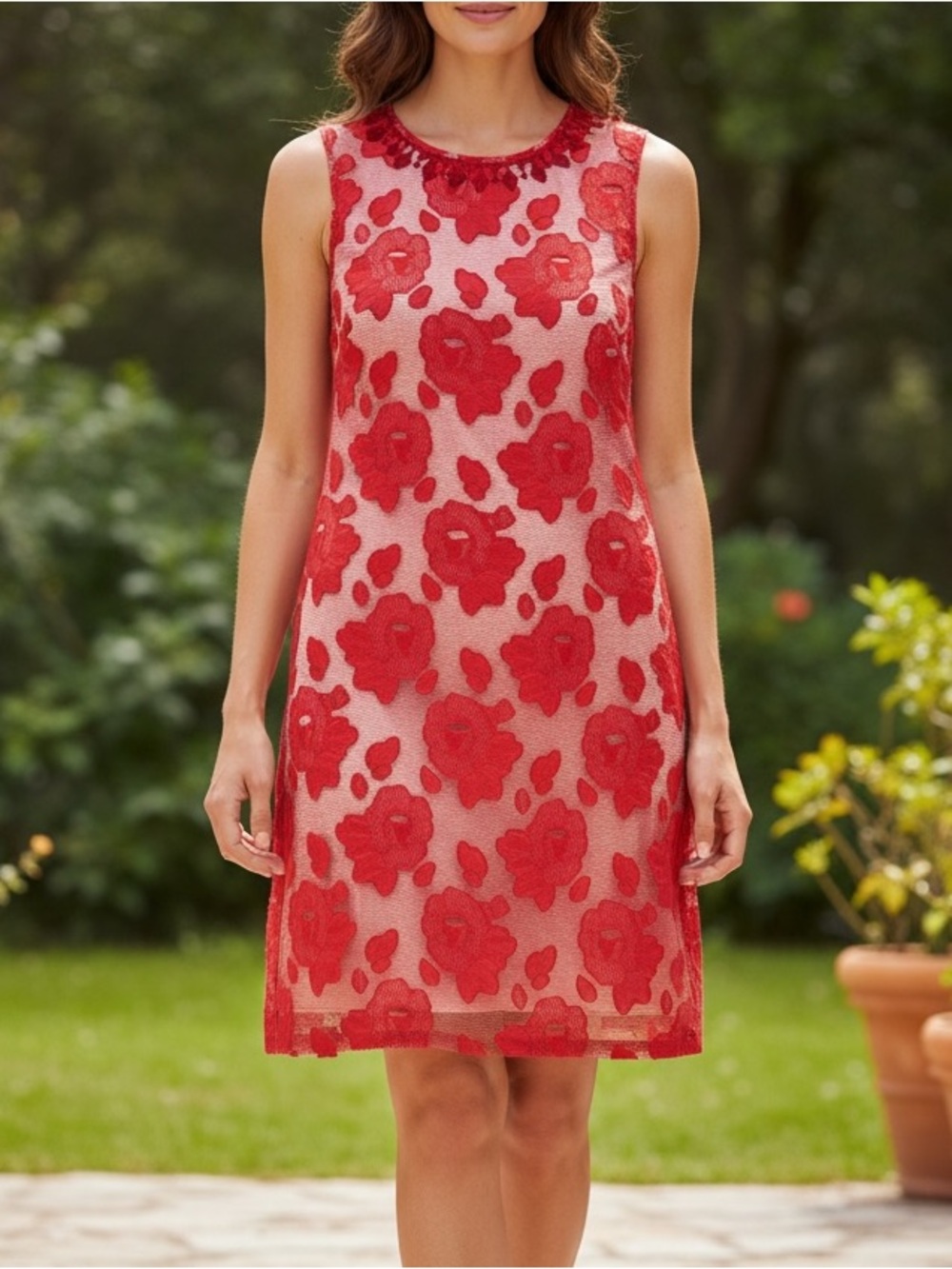 ADRIANNA PAPELL Embellished Floral Lace Sleeveless Sheath Dress Size 10